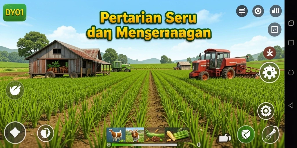 Tangkapan layar DYO1 menunjukkan aktivitas bertani yang seru dan interaktif.