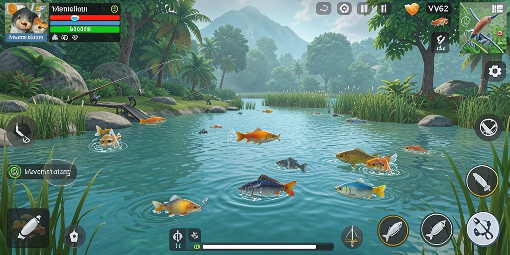 Screenshot VV62 menampilkan pemain menangkap ikan dengan pemandangan yang indah.
