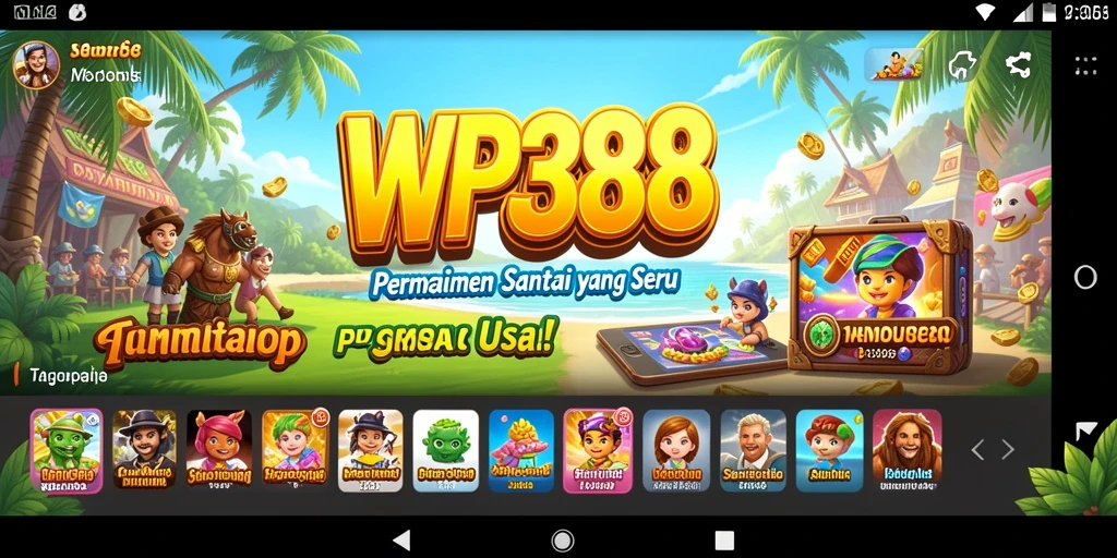 Screenshot gameplay WP888 menampilkan suasana ceria dan penuh warna.